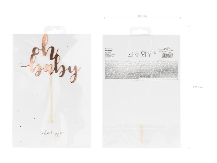 PartyDeco, Oh baby, topper na tort, różowe złoto, 25 cm