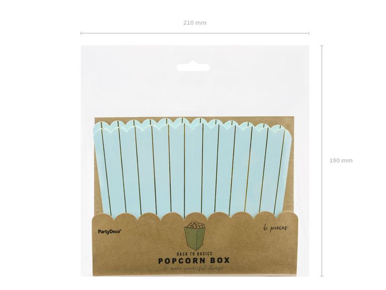 PartyDeco, ozdobne pudełka na popcorn, paski, jasno-niebieski, 6 szt.