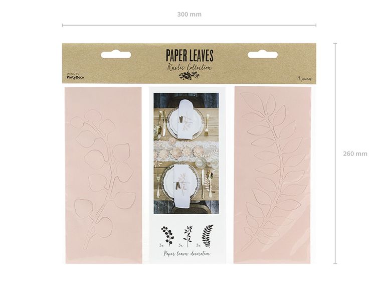 PartyDeco, papierowe gałązki z listkami, pudrowy róż, 9 szt.