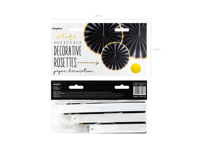 PartyDeco, rozety dekoracyjne, czarny, 3 szt.
