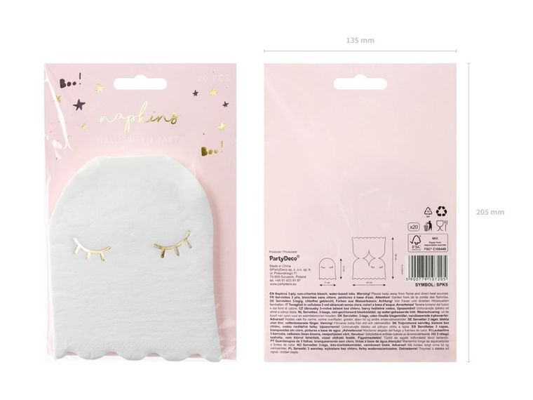 PartyDeco, Różowe Halloween, serwetki papierowe, w kształcie ducha, białe, 20 szt.