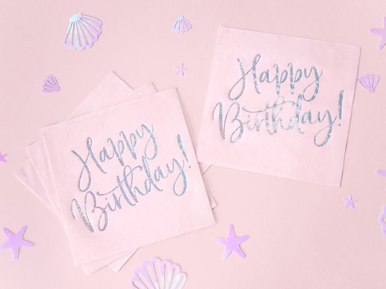 Partydeco, serwetki, Happy Birthday, jasny pudrowy róż, 33-33 cm