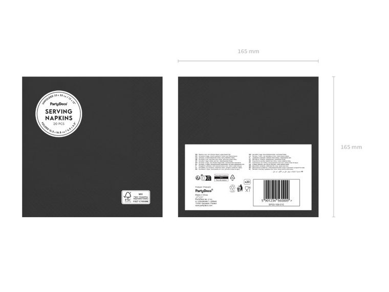 PartyDeco, serwetki papierowe, czarny, 33-33 cm, 20 szt.