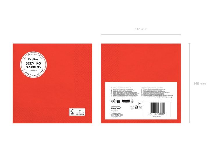 PartyDeco, serwetki papierowe, czerwony, 33-33 cm, 20 szt.