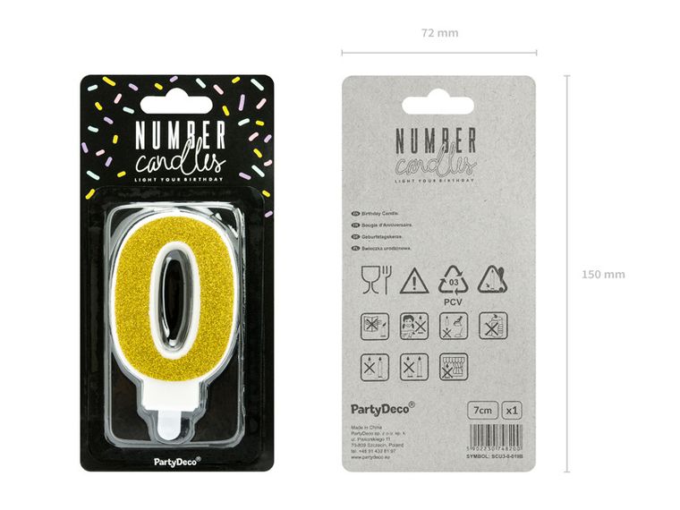 PartyDeco, świeczka urodzinowa, cyferka 0, złoty, 7 cm
