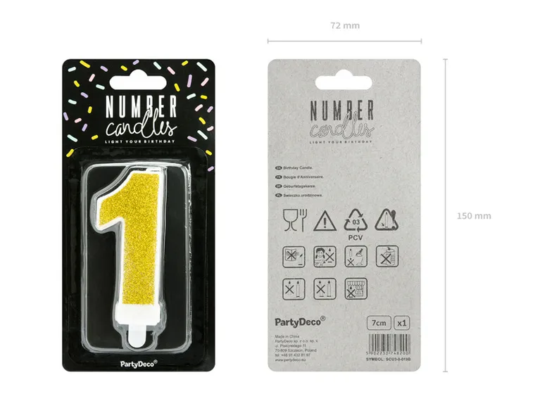 PartyDeco, świeczka urodzinowa, cyferka 1, złoty, 7 cm