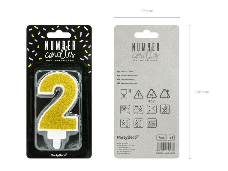 PartyDeco, świeczka urodzinowa, cyferka 2, złoty, 7 cm