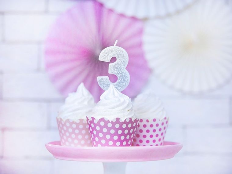 PartyDeco, świeczka urodzinowa, cyferka 3, srebrny, 7 cm