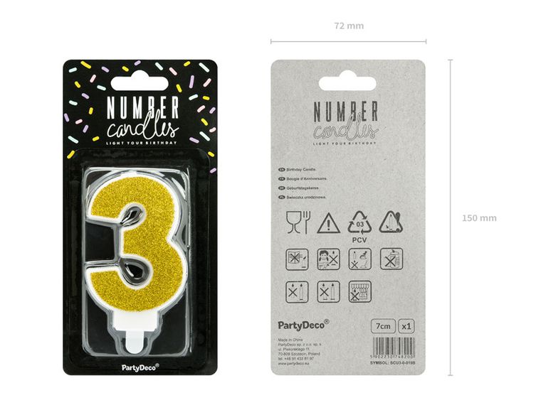 PartyDeco, świeczka urodzinowa, cyferka 3, złoty, 7 cm