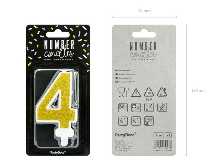 PartyDeco, świeczka urodzinowa, cyferka 4, złoty, 7 cm