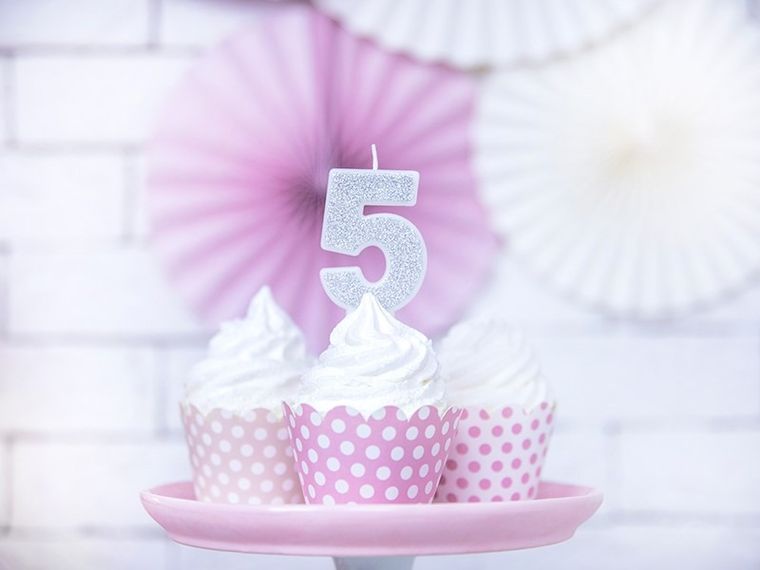 PartyDeco, świeczka urodzinowa, cyferka 5, srebrny, 7 cm
