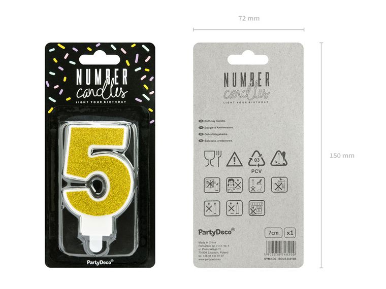 PartyDeco, świeczka urodzinowa, cyferka 5, złoty, 7 cm