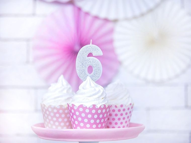 PartyDeco, świeczka urodzinowa, cyferka 6, srebrny, 7 cm
