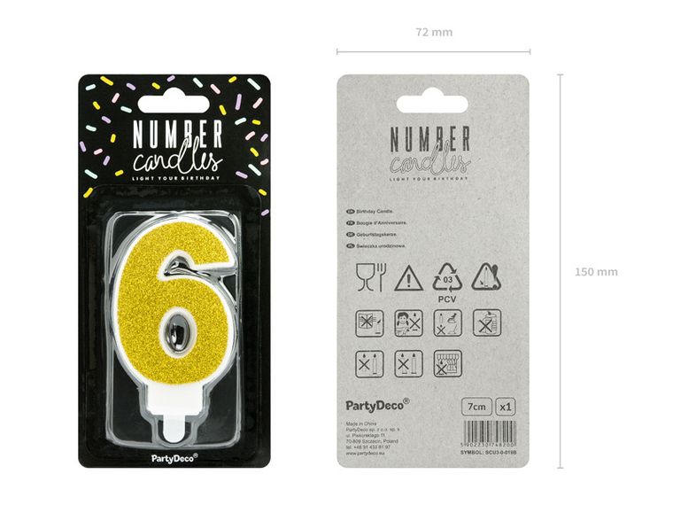 PartyDeco, świeczka urodzinowa, cyferka 6, złoty, 7 cm