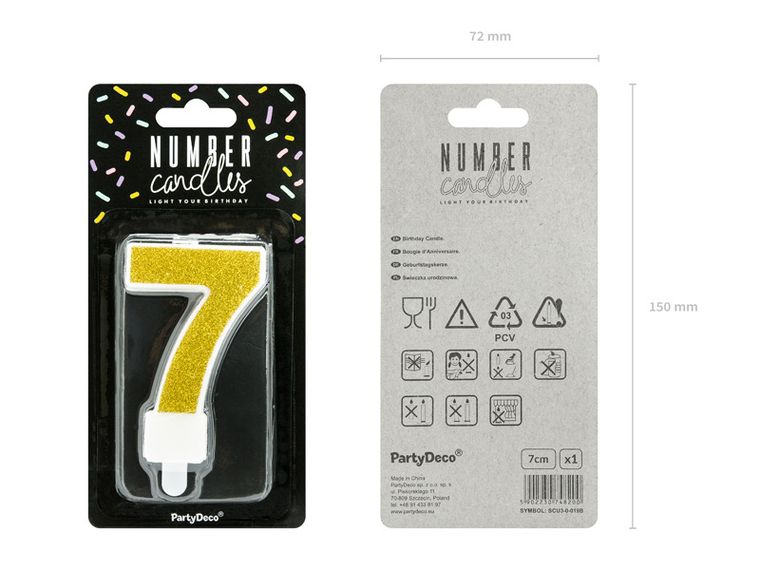 PartyDeco, świeczka urodzinowa, cyferka 7, złoty, 7 cm