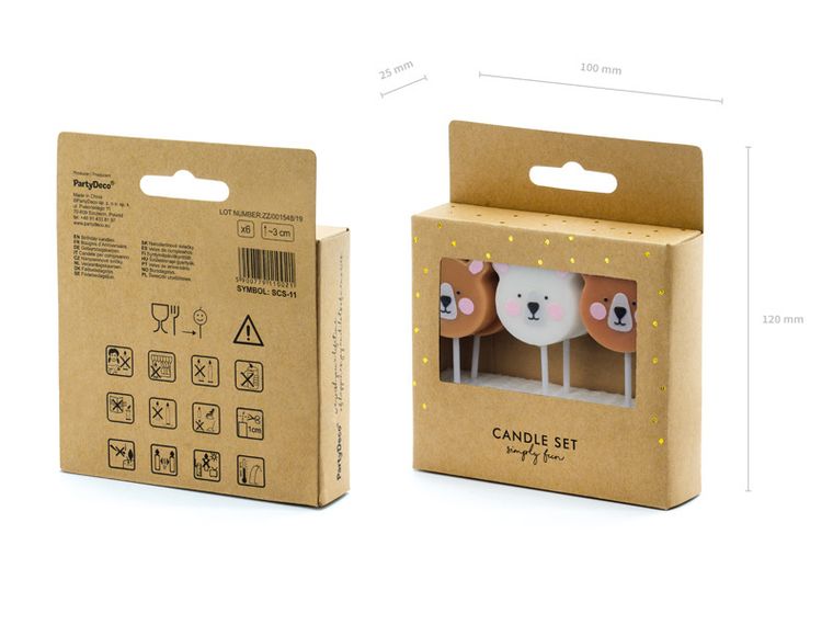PartyDeco, świeczki urodzinowe na tort, miś, mix, 3 cm