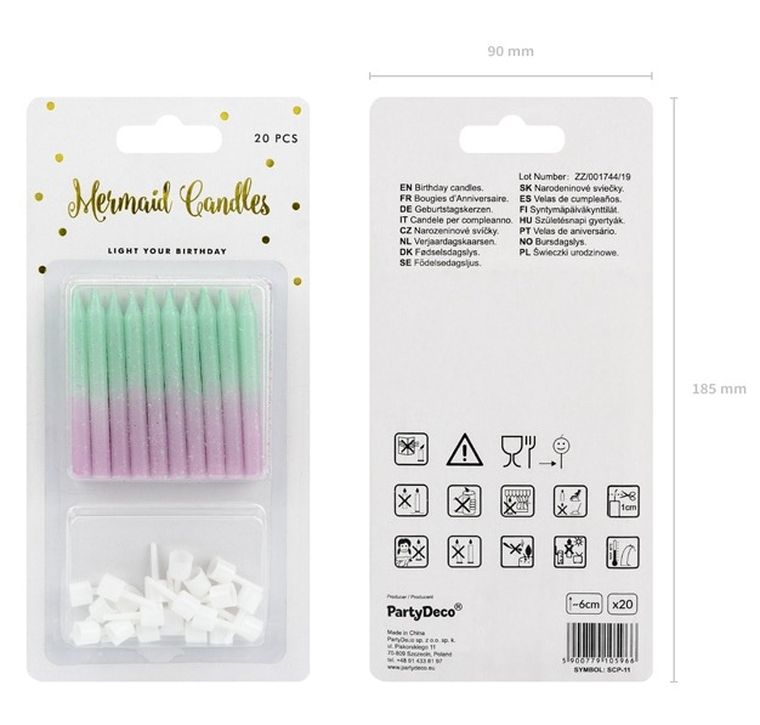 PartyDeco, świeczki urodzinowe na tort, ombre, 6 cm, 20 szt.