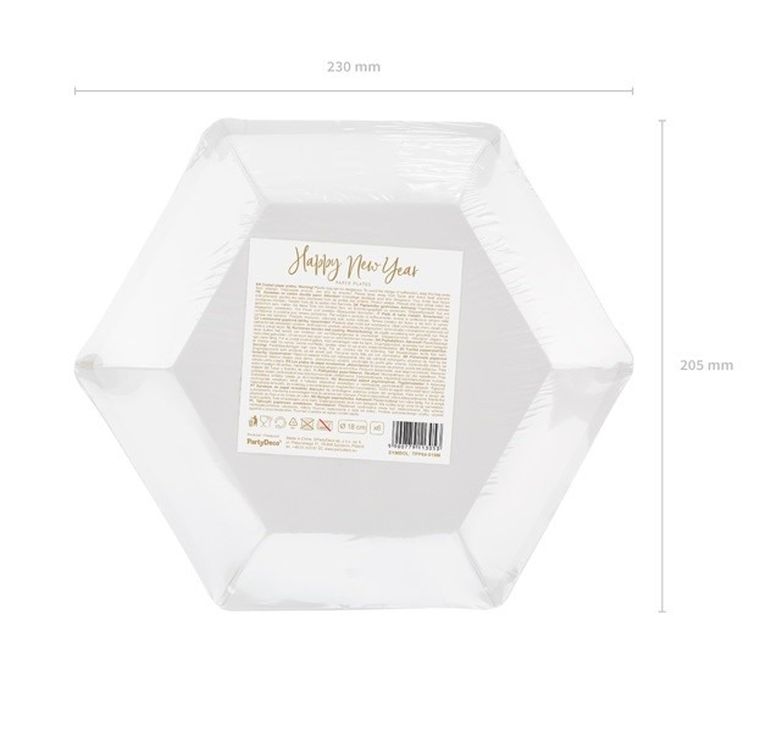 PartyDeco, talerzyki papierowe na imprezę sylwestrową, Happy New Year, złote, 20 cm, 6 szt.