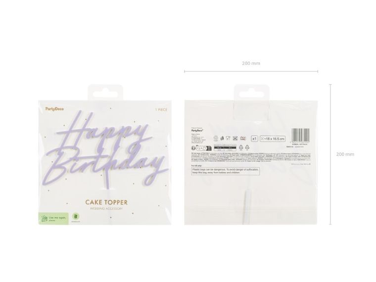 PartyDeco, topper akrylowy na tort, Happy Birthday, fioletowy, 16.5 cm
