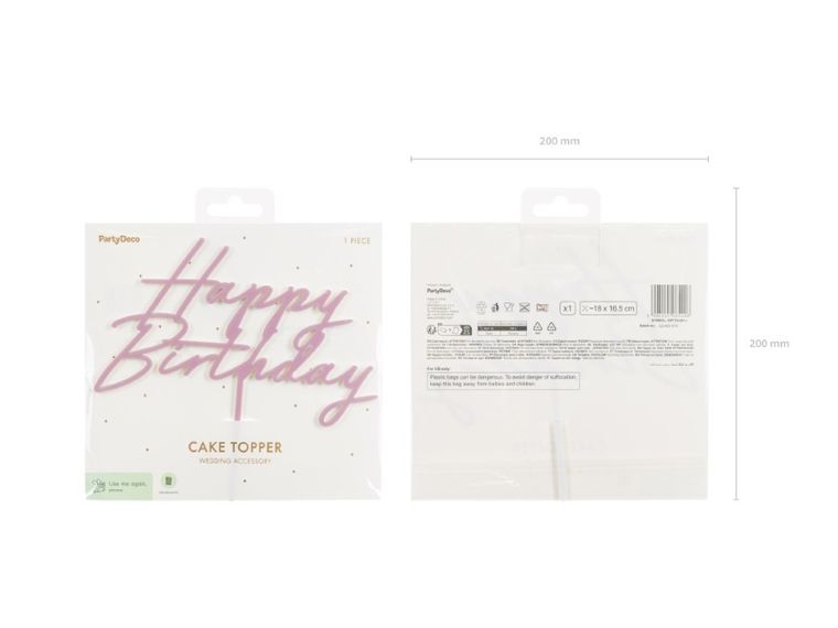 PartyDeco, topper akrylowy na tort, Happy Birthday, jasny róż, 16.5 cm