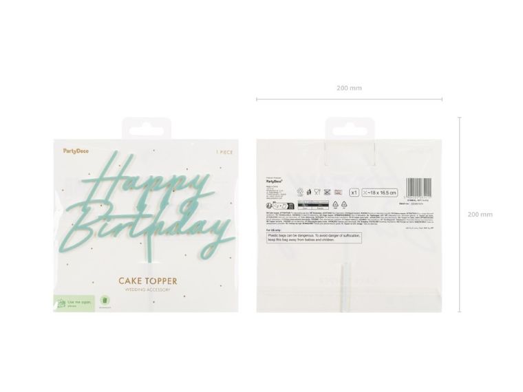 PartyDeco, topper akrylowy na tort, Happy Birthday, zieleń, 16.5 cm