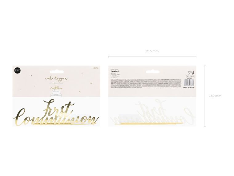 PartyDeco, topper na tort First Communion, złoty, 21 cm