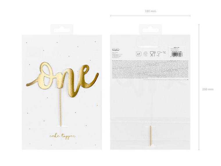 PartyDeco, topper na tort One, złoty, 19 cm, 1 szt.
