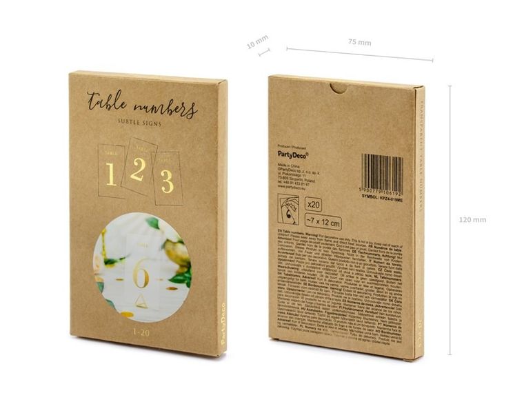 PartyDeco, transparentne numery na stół, złote, 7-12 cm, 20 szt.