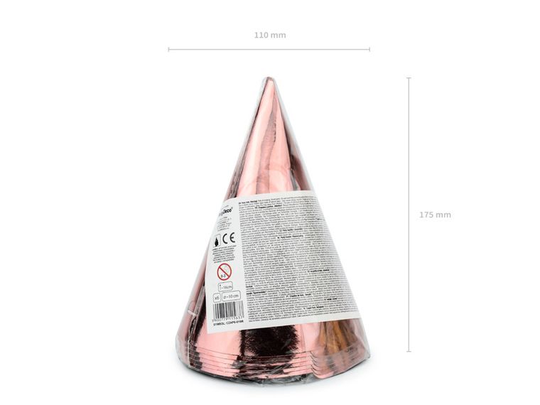 PartyDeco, urodzinowe czapeczki papierowe, różowe złoto, 6 szt.