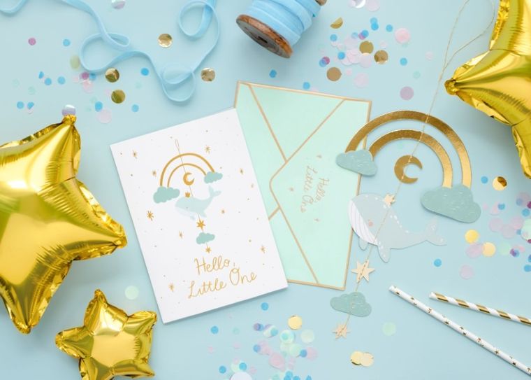 PartyDeco, Wieloryb, kartka z kopertą, tiffany blue, 14-20 cm