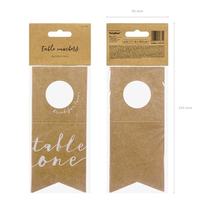 PartyDeco, zawieszki na butelki z numerem stołu, 10 szt.