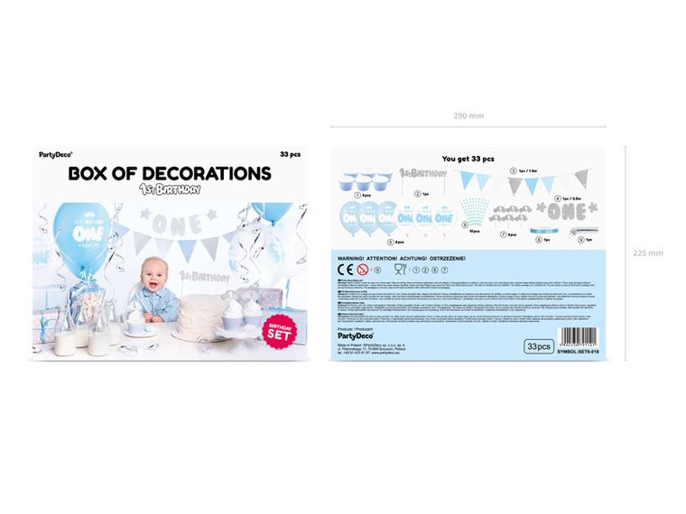 PartyDeco, zestaw dekoracji Party, 1st Birthday, srebrny