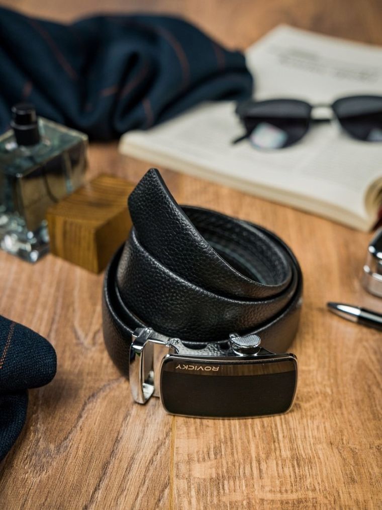 Pasek męski, czarny, skórzany, Rovicky