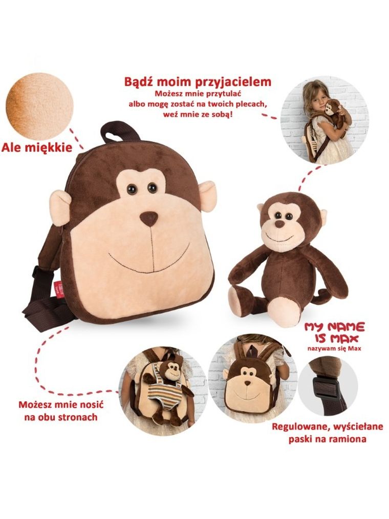 Perletti, Małpka Max, plecak dla przedszkolaka, brązowy