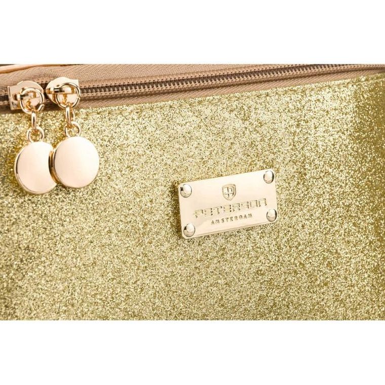 Peterson, kosmetyczka kuferek, brokatowa złota