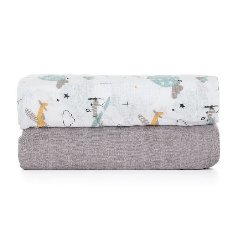 Petite&Mars, Misty, otulacz z muślinu bambusowego, Grey Planes, 120-120 cm, 2 szt.