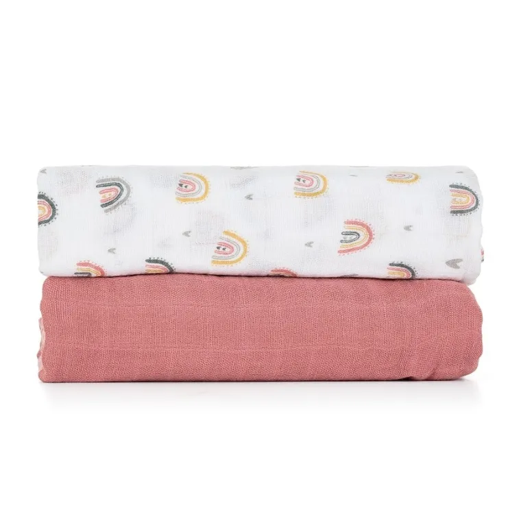 Petite&Mars, Misty, otulacz z muślinu bambusowego, Rose Rainbow, 120-120 cm, 2 szt.