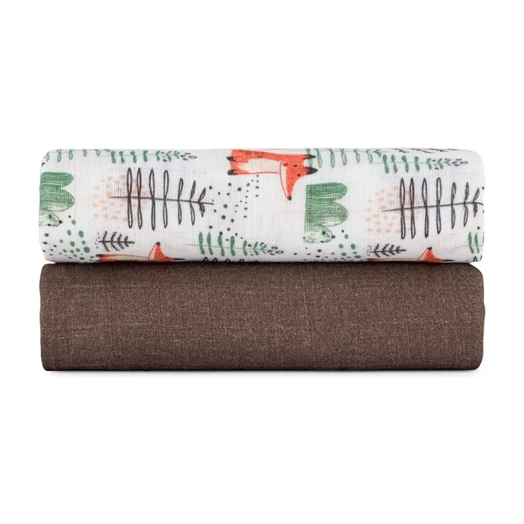 Petite&Mars, Misty, zestaw otulaczy z muślinu bambusowego, Forest Fox, 120-120 cm, 2 szt.