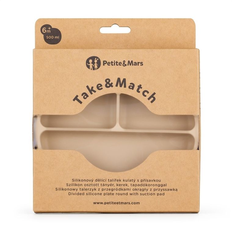 Petite&Mars, Take&Match, silikonowy talerzyk z przegródkami, okrągły, Desert Sand, 6m+