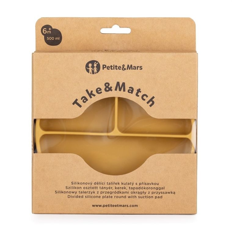 Petite&Mars, Take&Match, silikonowy talerzyk z przegródkami, okrągły, Intense Ochre, 6m+