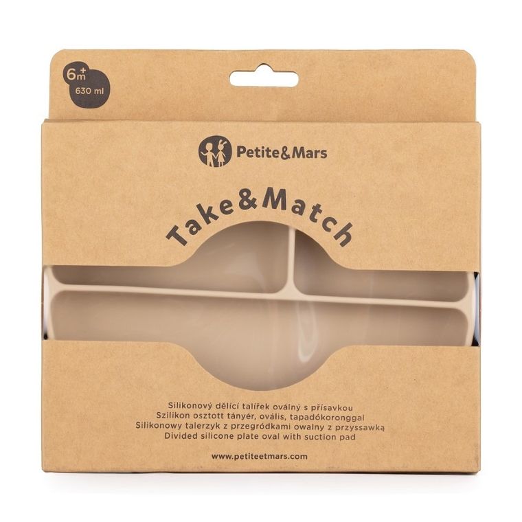 Petite&Mars, Take&Match, silikonowy talerzyk z przegródkami, owalny, Desert Sand, 6m+