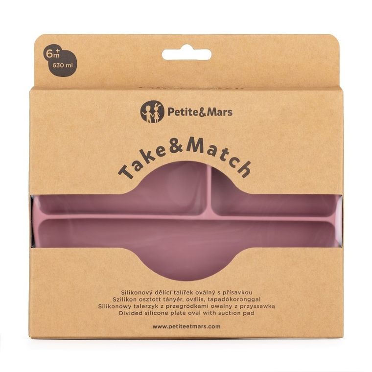 Petite&Mars, Take&Match, silikonowy talerzyk z przegródkami, owalny, Dusty Rose, 6m+