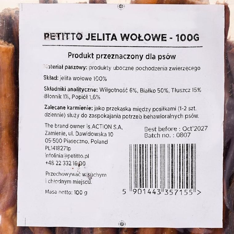 Petitto, Jelito Wołowe, gryzak dla psa, 100g