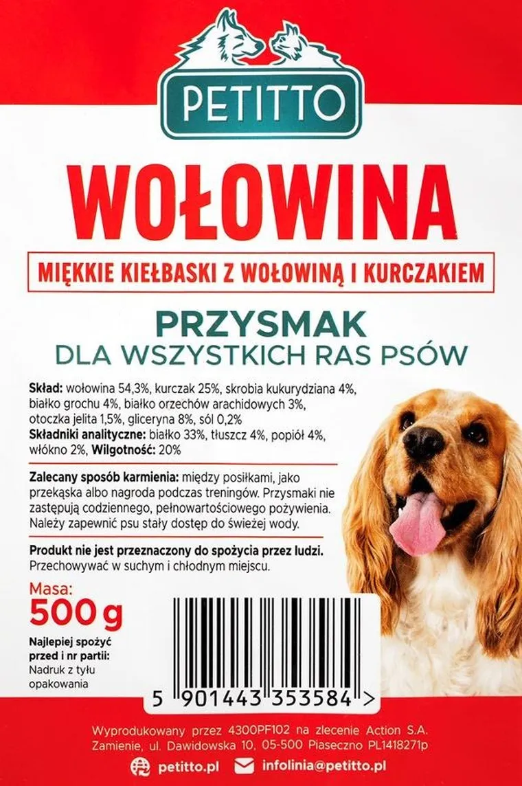 Petitto, miękkie kiełbaski z wołowiną, przysmak dla psa, 500g
