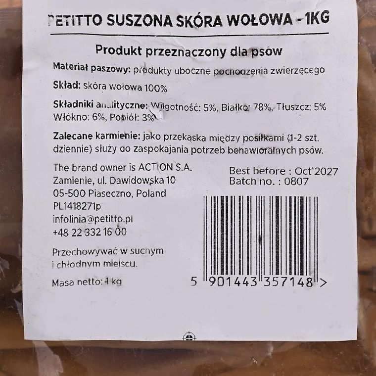 Petitto, Suszona skóra wołowa, przysmak dla psa, 1 kg