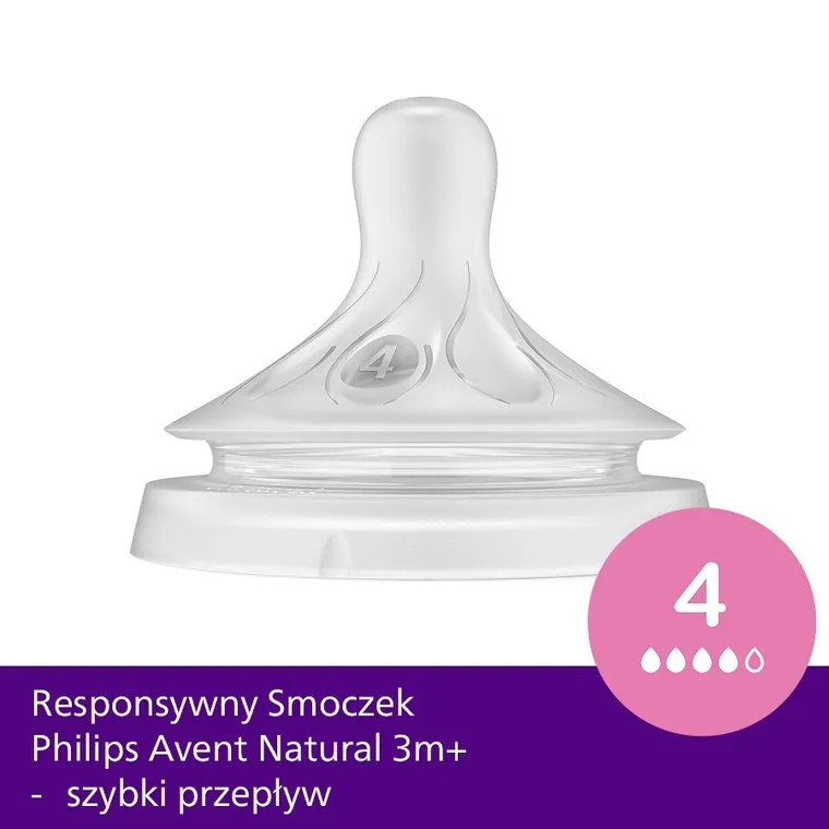 Philips Avent, Natural, smoczek responsywny, 3 różne przepływy: średni, szybki, bardzo szybki, 3 szt.