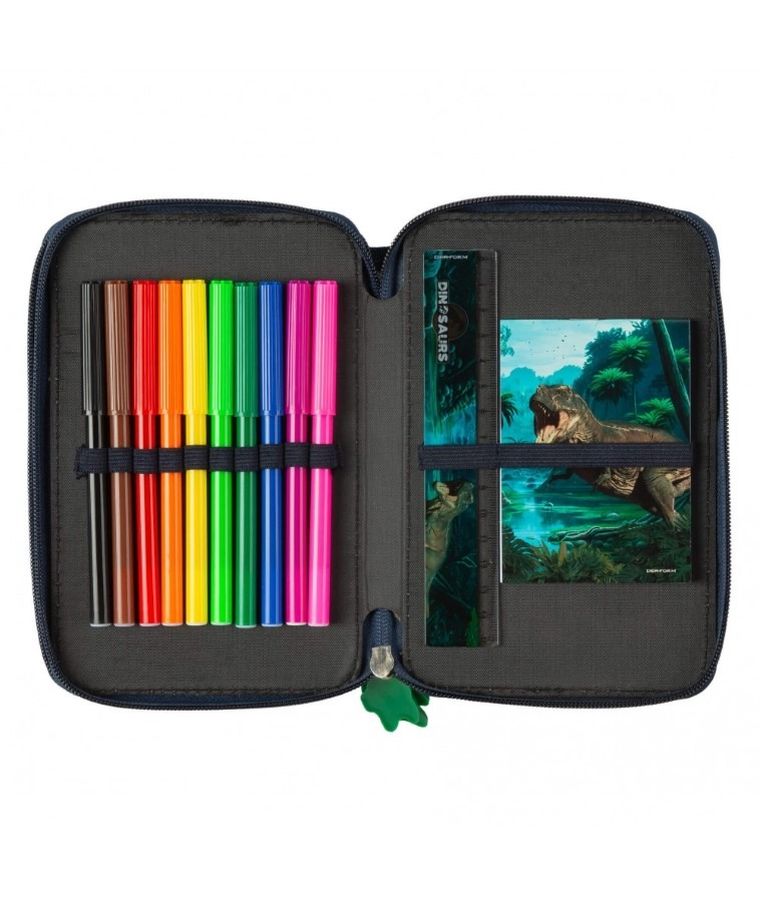 Piórnik rozkładany, podwójny, z wyposażeniem, Dinozaur