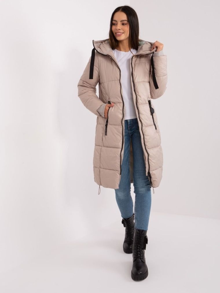 Płaszcz damski z kapturem, beżowy, Sublevel