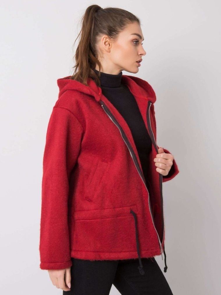 Płaszcz damski z kapturem, bordowy, Italy Moda