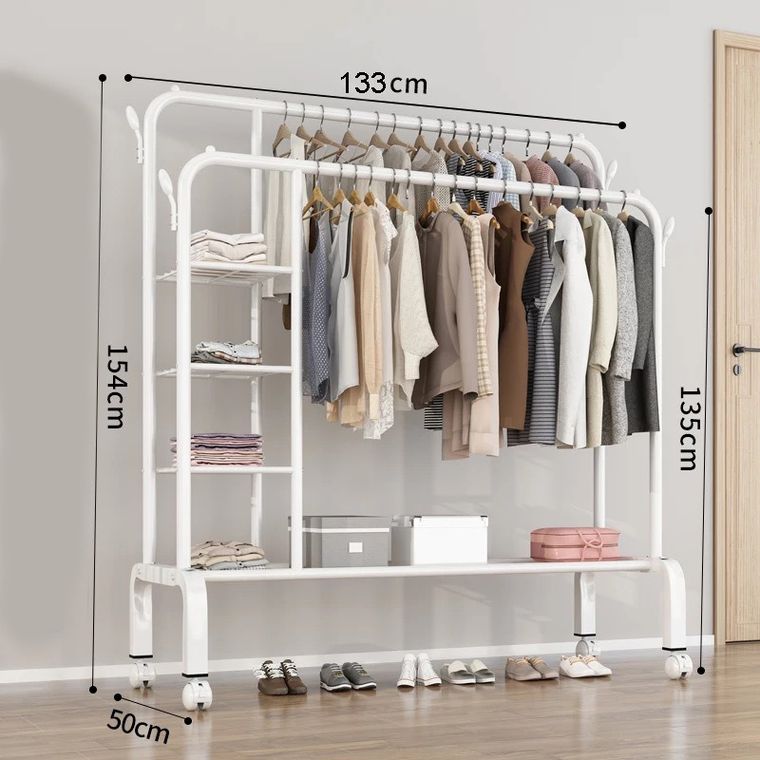 Podwójny, wolnostojący wieszak na ubrania, biały, 133-154 cm